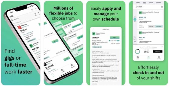 Four interconnected app ads listing the benefits of using the Jobble app as a worker