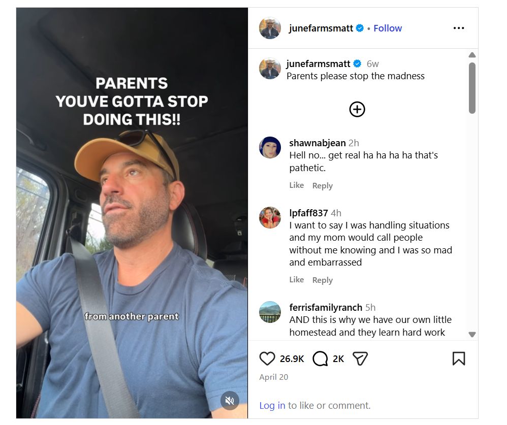 Screenshot of Instagram post where employer complains about parents calling.