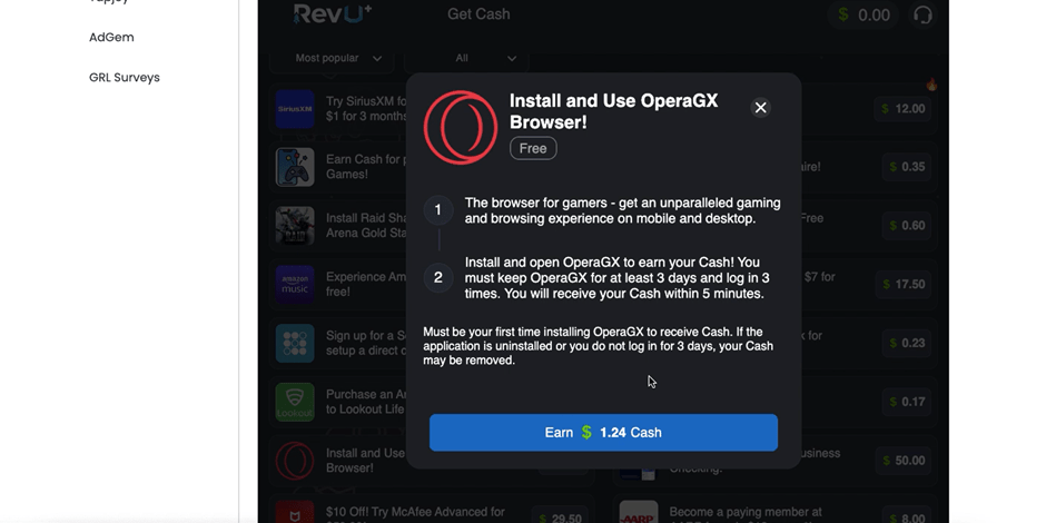 KashKick offer with rewards for OperaGX browser installation.