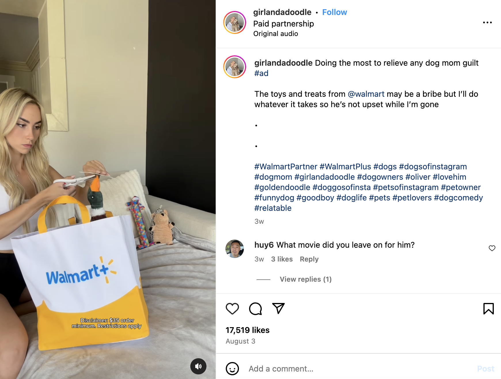 Sponsored post showing Kat Braden sitting on a bed and opening a bag from Walmart (the partnered brand)