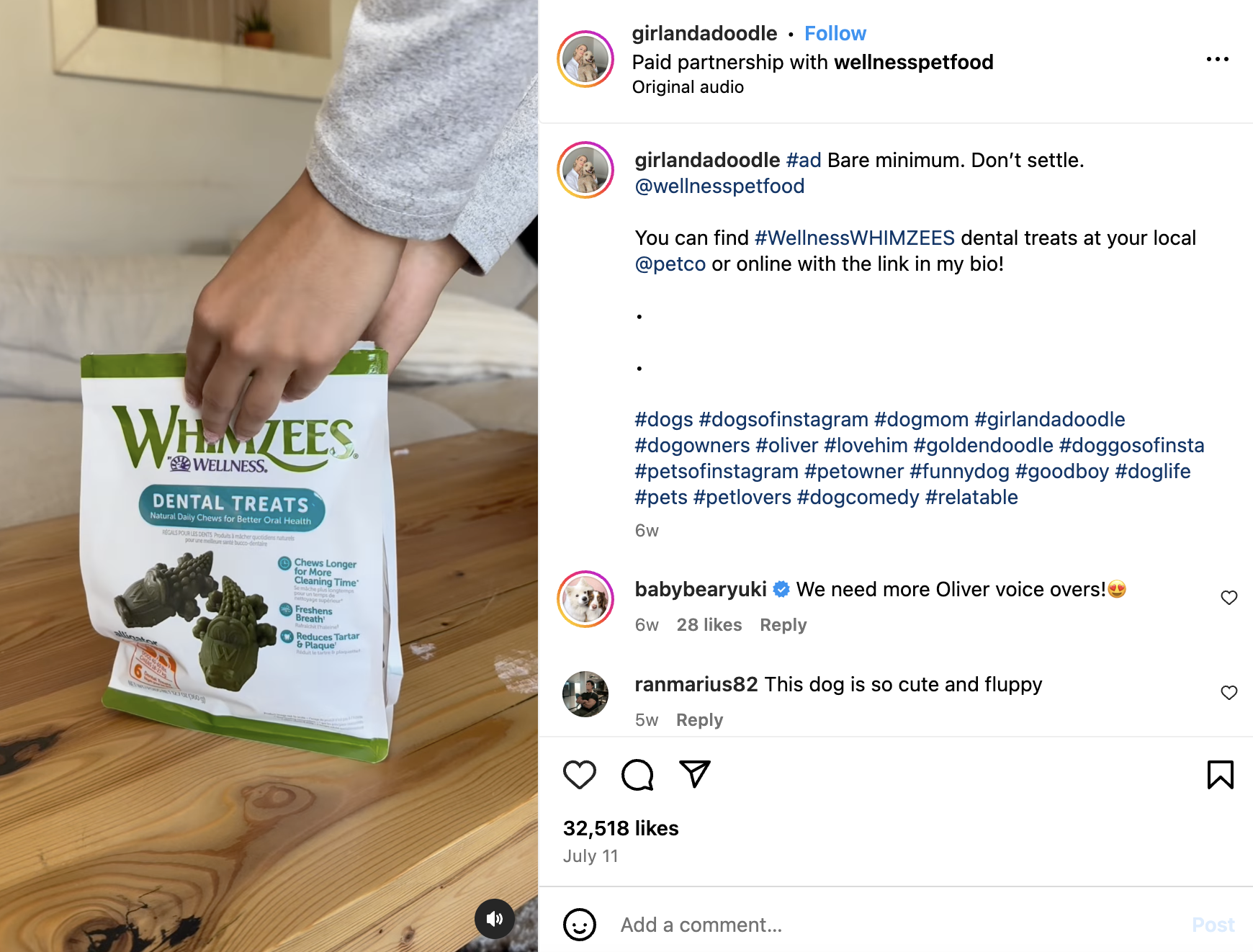 Sponsored post showing Kat Braden opening a bag of Wellness Pet Food dental dog treats (the product)