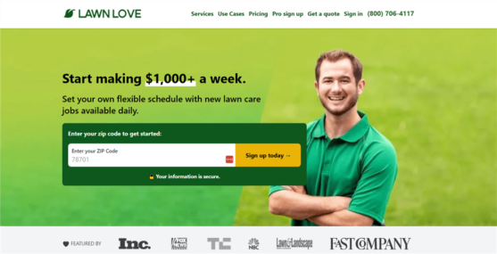 Signup page with smiling Lawn Love professional lawn worker showing you can earn up to $1k/week