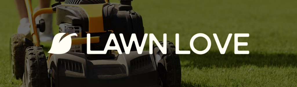 Lawn Love logo against a darkened background showing a lawnmower being pushed across a grassy lawn