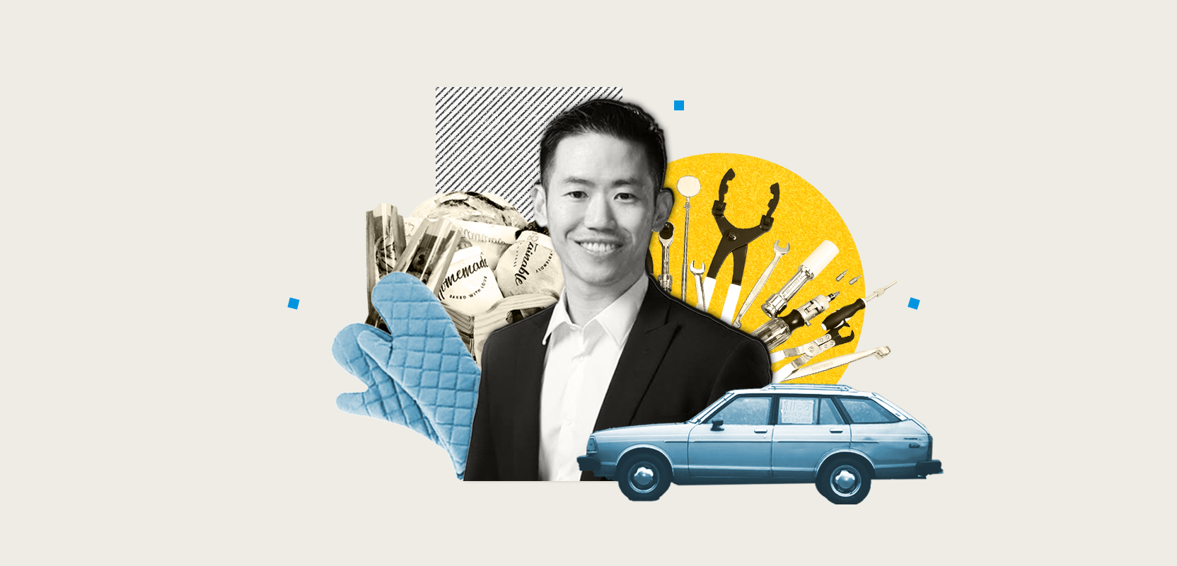 Lawrence Ng surrounded by objects from his past, including many tools he used at his various side hustles.