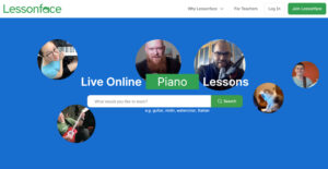 Collage of Lessonface tutors teaching different subjects live online, including guitar, piano, and singing