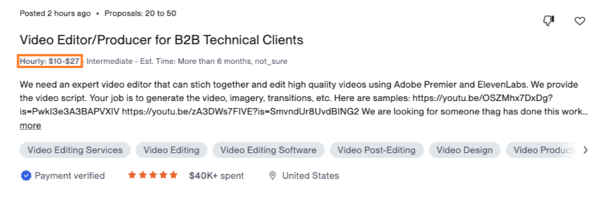 Screenshot of a video editing job post on Upwork with a low pay rate.