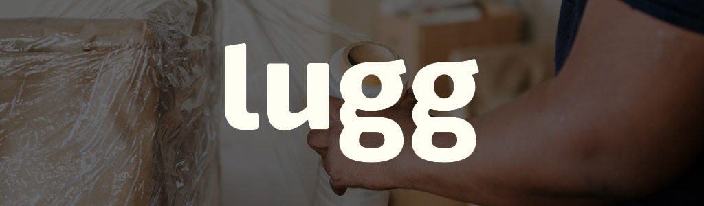 Lugg logo against a darkened background showing someone carrying a piece of furniture