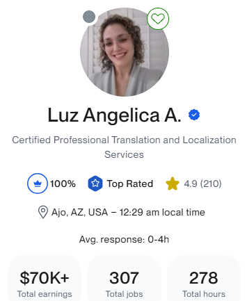 Screenshot of freelance translator Luz Angélica Acosta's Upwork profile.