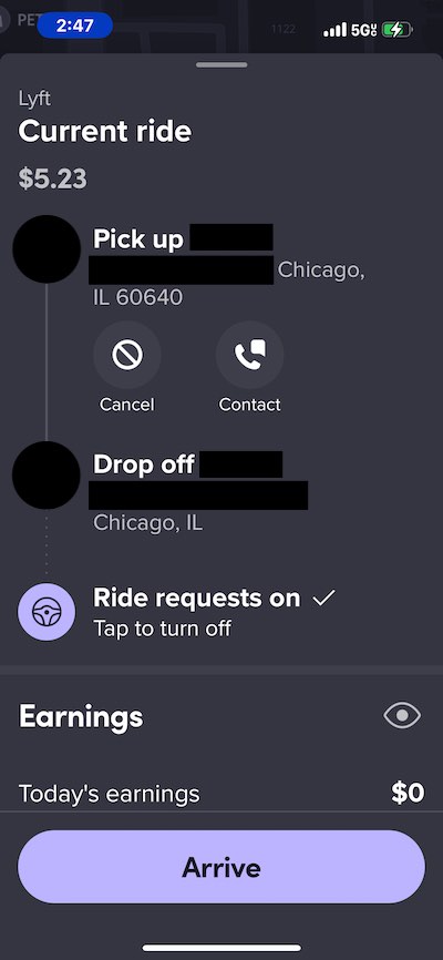 A display showing the current ride in the Lyft app.