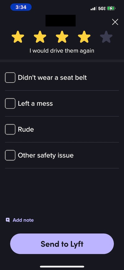 The rating interface in the Lyft app.
