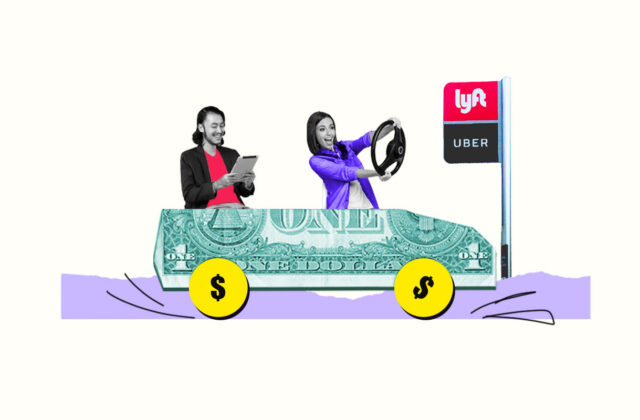 Rideshare driver in a car made of money
