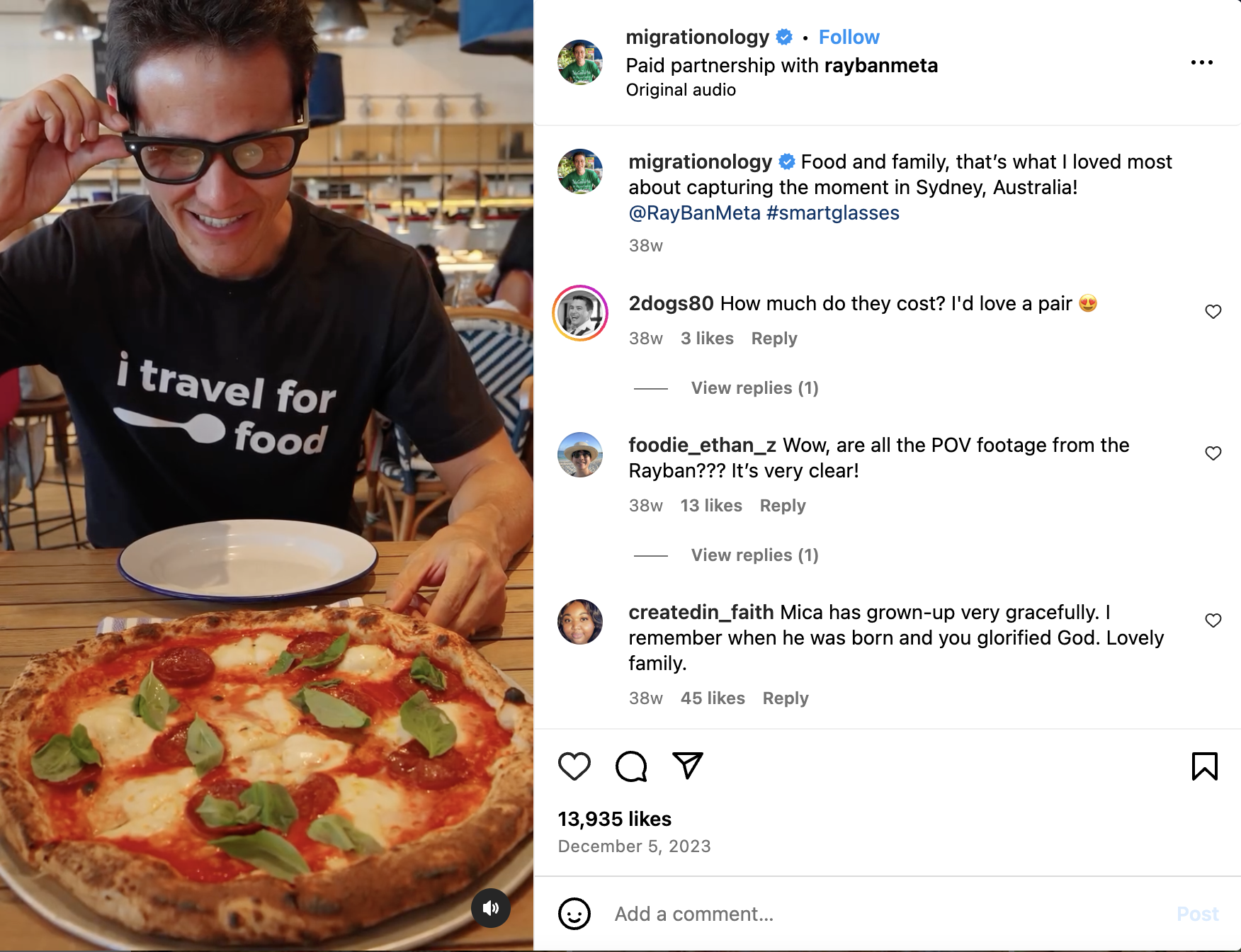 Sponsored post showing Mark Wien wearing glasses (the product) while sitting in front of a large margarita pizza