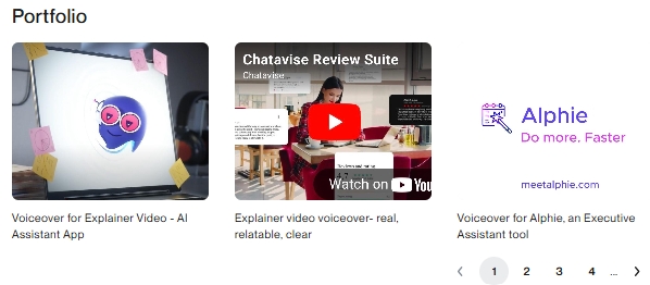 Screenshot of voice actress Meghan Cofer's portfolio tab on Upwork.