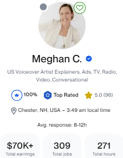 Screenshot of voice actress Meghan Cofer's Upwork profile.