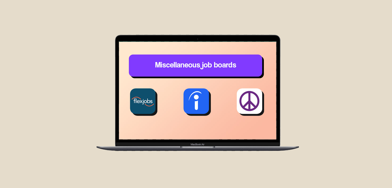 Laptop screen showing several icons of miscellaneous job boards