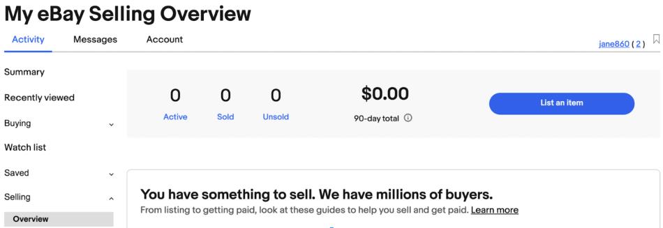 Screenshot of eBay’s My eBay Selling Overview page.