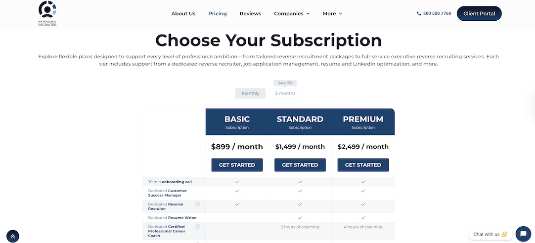 Screenshot of the 3 monthly subscriptions My Personal Recuiter offers and their prices.