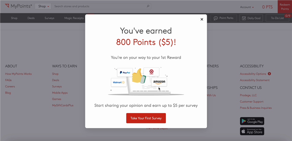 Completing the MyPoints signup process to earn a bonus worth $5.