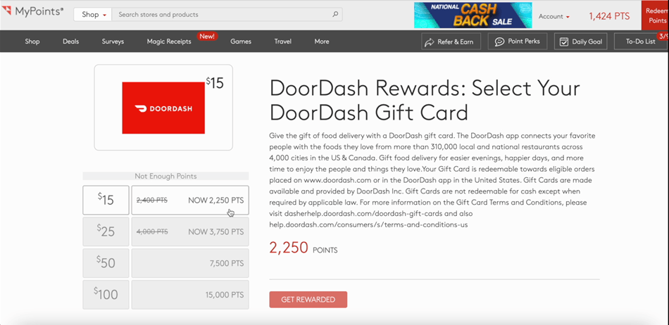 Viewing DoorDash gift card options on MyPoints.