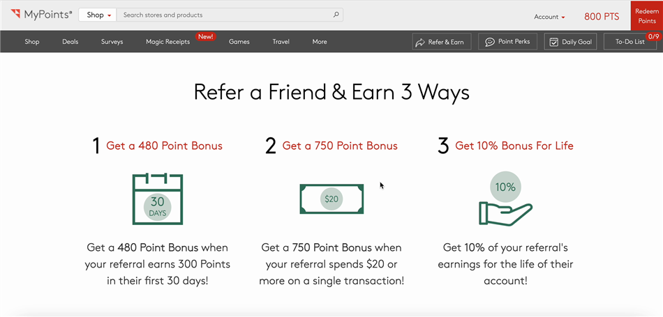 Viewing the MyPoints friend referral incentives.