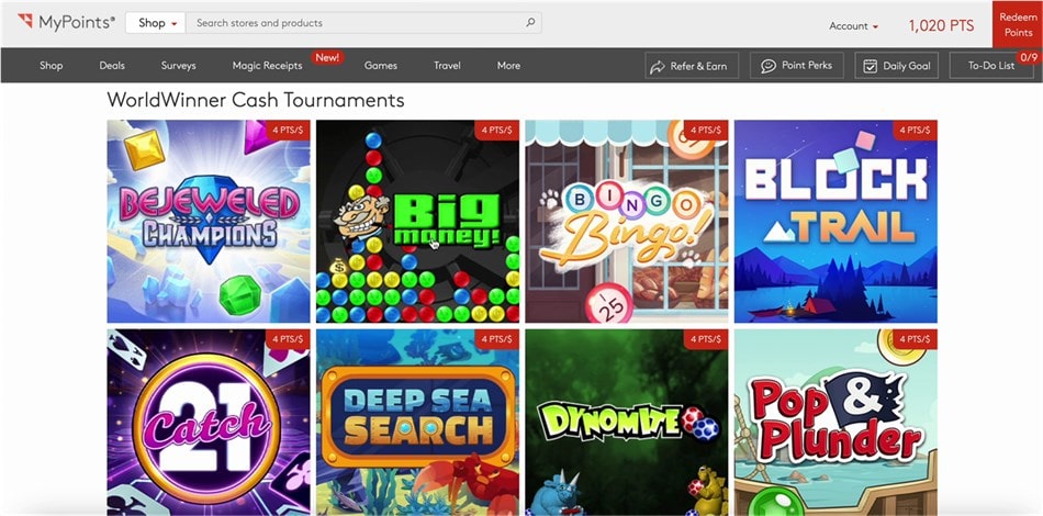 Viewing the MyPoints “Games” tab.
