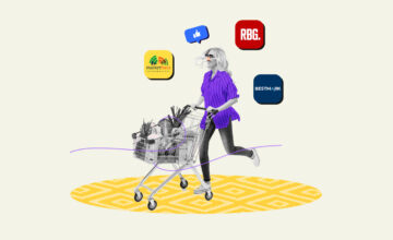 Woman pushing grocery store cart surrounded by the logos of mystery shopper job platforms