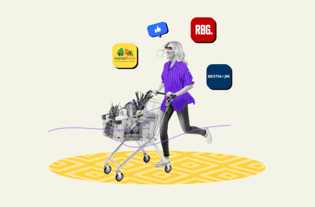 Woman pushing grocery store cart surrounded by the logos of mystery shopper job platforms