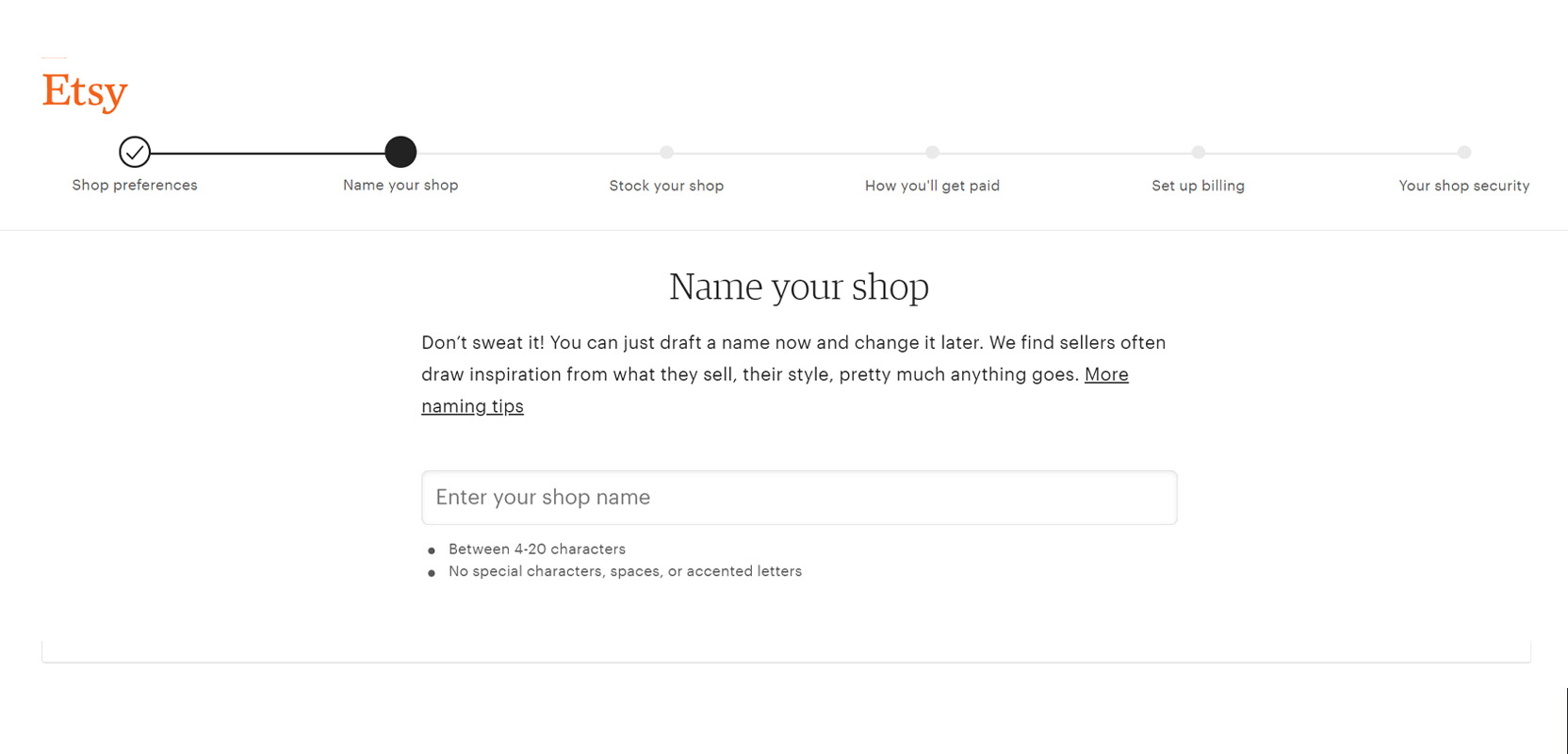 Screenshot of the Etsy "name your shop" page