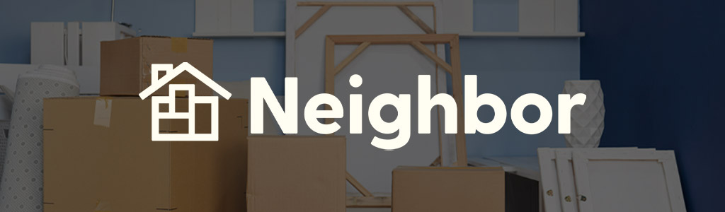Neighbor logo against a darkened background showing boxes and picture frames in a house someone is moving into