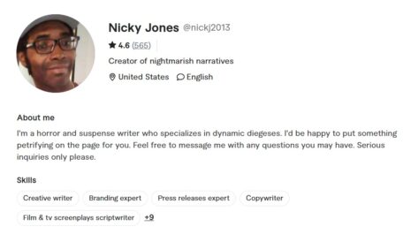 Screenshot of freelancer Nicky Jones's Fiverr profile.
