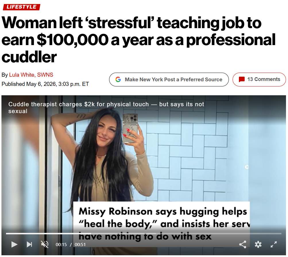 Screenshot of article from the New York Post about a professional cuddler.