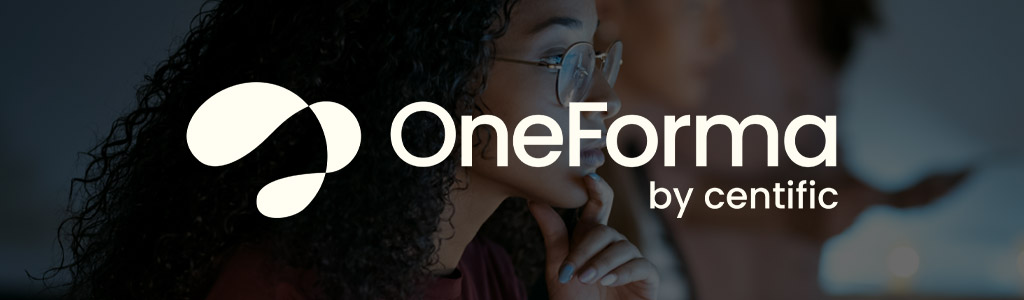 OneForma logo against a darkened background showing a freelancer with concentrating