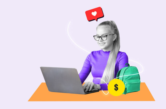 Teenager sitting at laptop working an online job