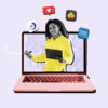 Tutor popping out of laptop screen surrounded by logos of online tutoring jobs