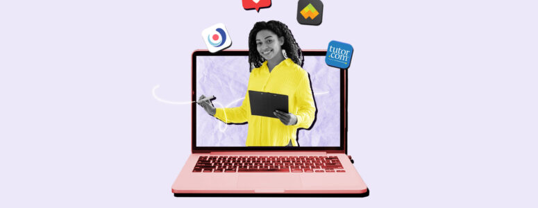 Tutor popping out of laptop screen surrounded by logos of online tutoring jobs