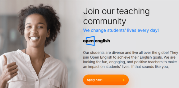 Open English ESL platform application page for teachers showing a smiling teacher giving a thumbs-up