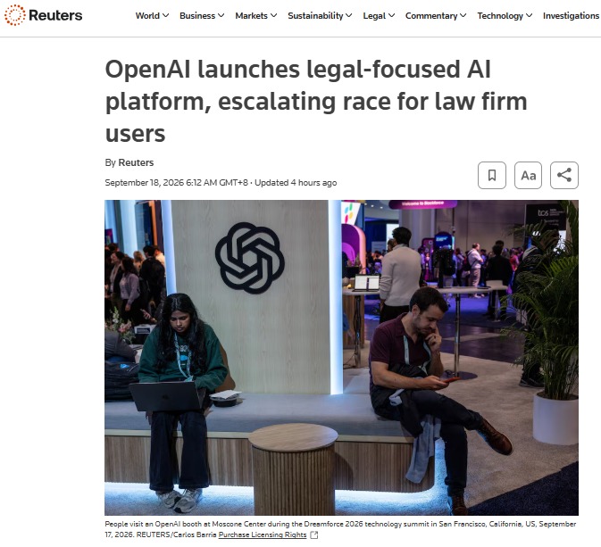 Screenshot of Reuters article discussing OpenAI's recent launch of legal AI platform.
