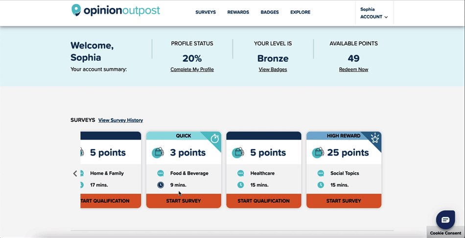 Monitoring rewards progress on the Opinion Outpost dashboard.