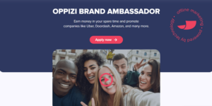 Oppizi brand ambassador signup page showing five smiling Oppizi workers doing offline marketing