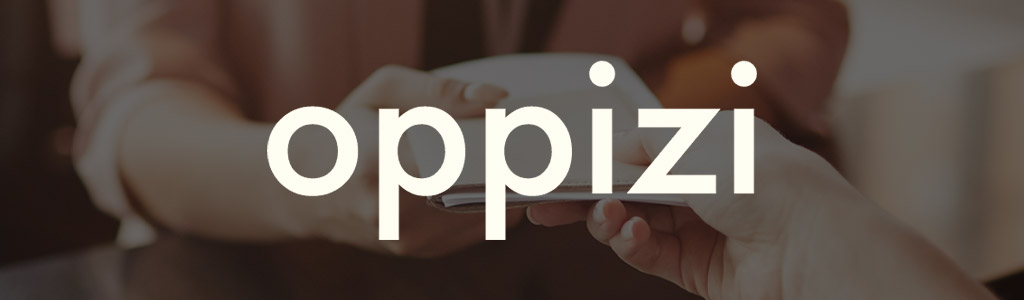 Oppizi logo against a darkened background showing someone passing a pamphlet to someone else