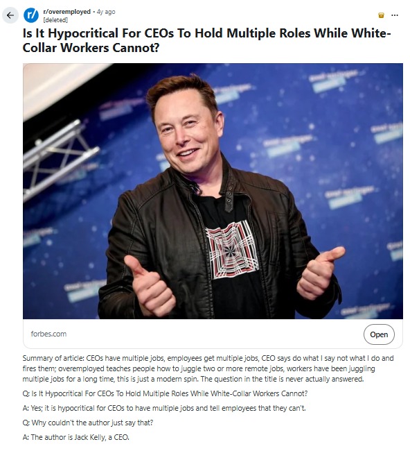 Screenshot of Reddit post discussing supposed hypocrisy of surrounding overemployed discussions.