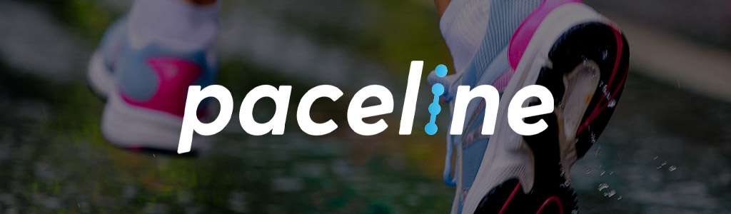 Paceline logo against a background showing a close view of someone's shoes as they go for a walk