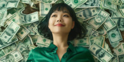 Happy woman passively lying on plentiful money