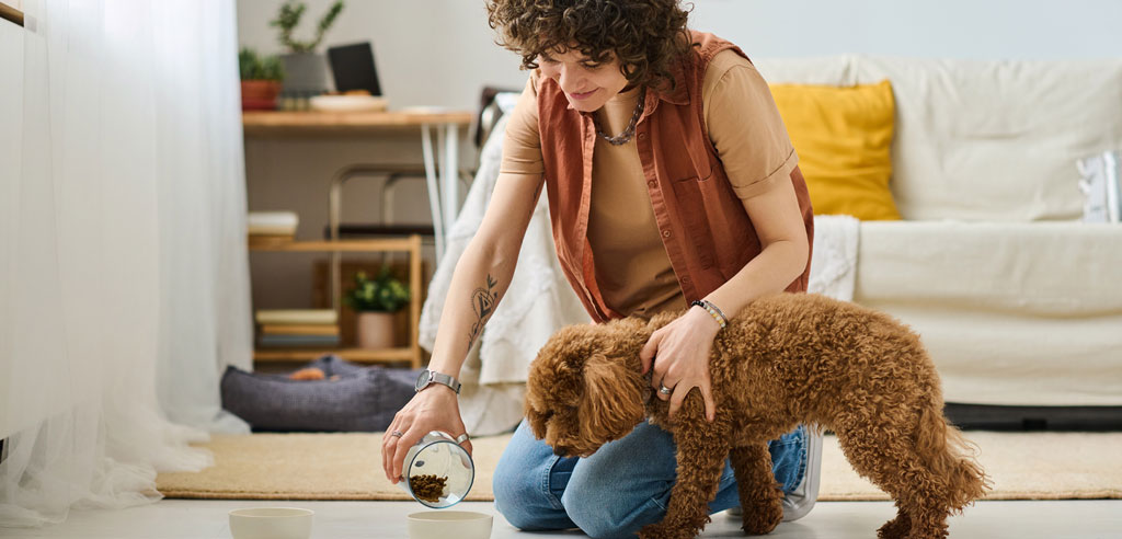 Woman taking care of a dog by herself as part of her side hustle