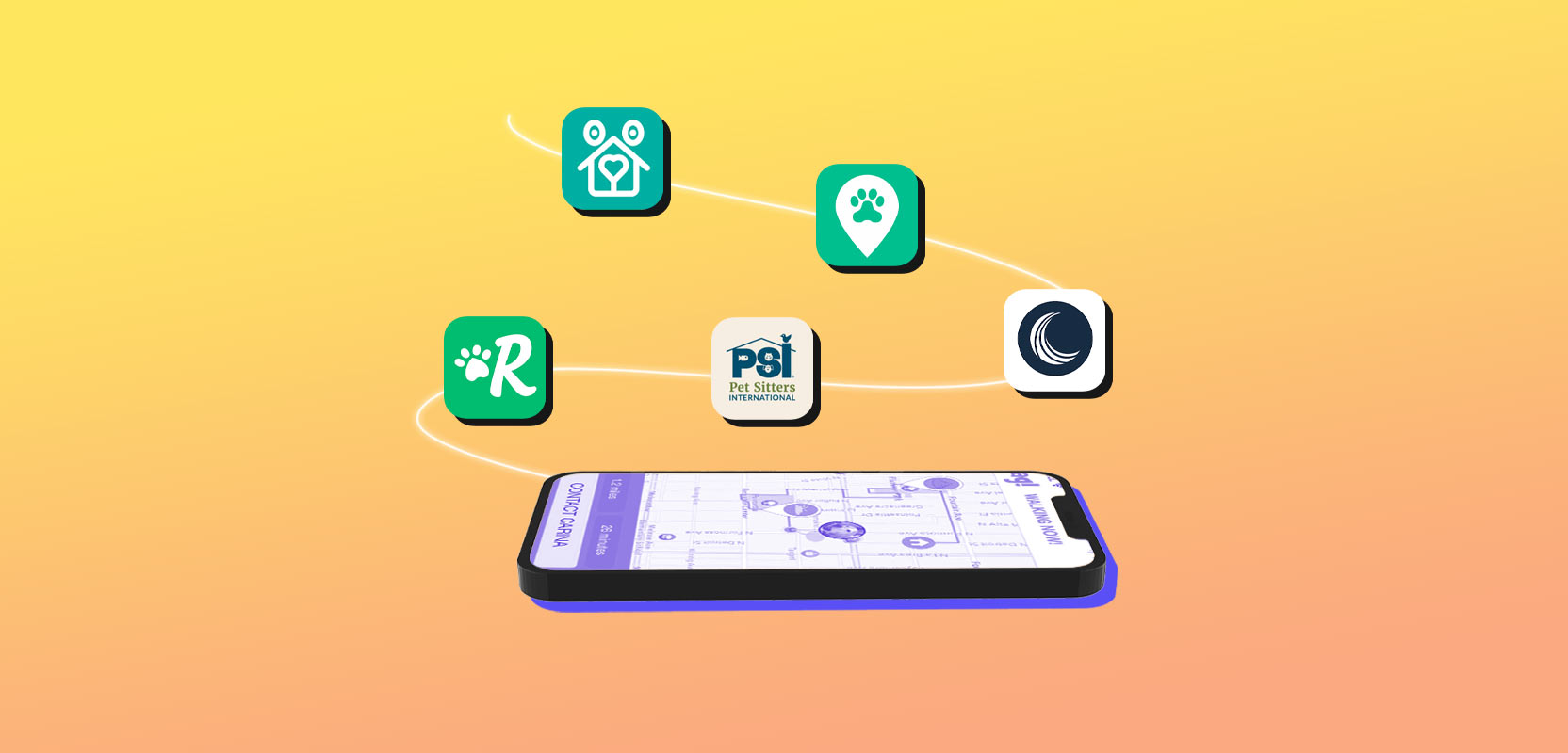 Smartphone surrounded by the logos of pet-sitting apps