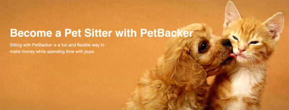 Petbacker homepage showing a puppy and kitten with the title "Become a Pet Sitter with PetBacker"