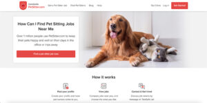 Petsitter.com homepage showing a dog and cat and a summary of how PetSitter.com works
