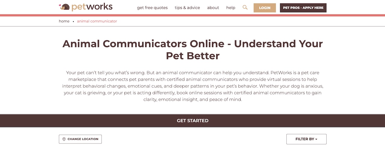 Screenshot of PetWork's Animal Communication booking page.