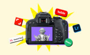 Camera surrounded by the logos of different platforms where you can start a photography side hustle