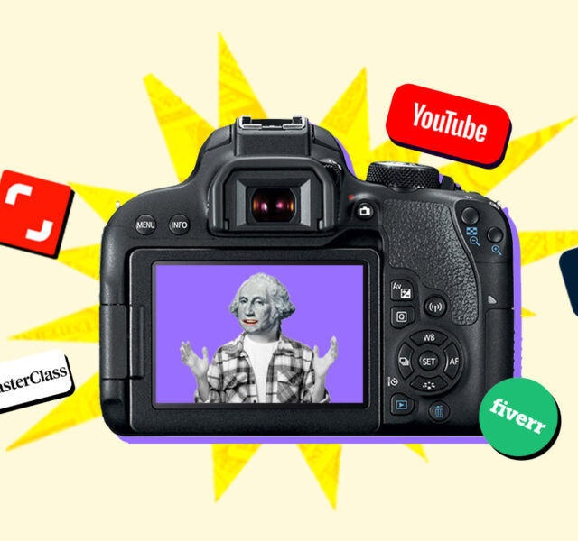 Camera surrounded by the logos of different platforms where you can start a photography side hustle